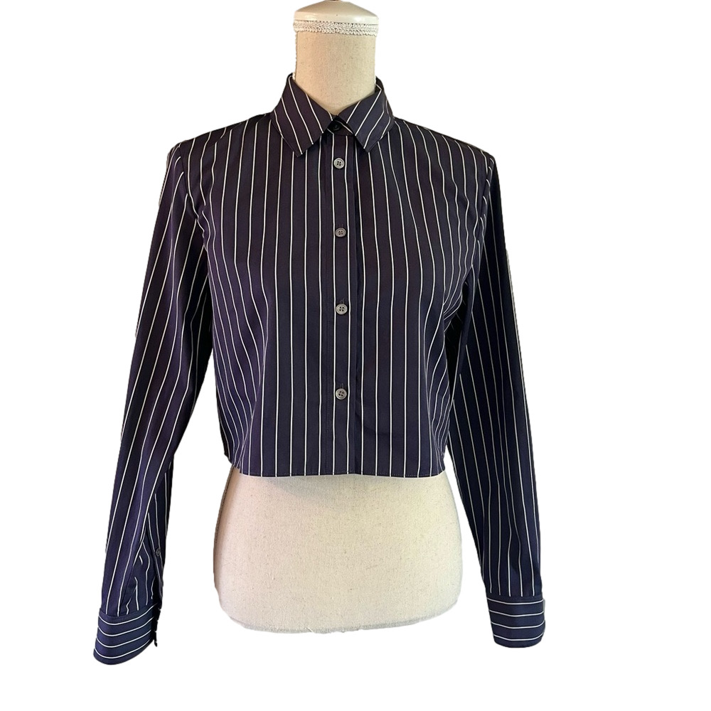 Theory Navy Pinstripe Cropped Button-Down Shirt Size Small - Picture 6 of 13